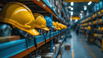 Fototapeta premium Yellow Safety Helmets on Warehouse Shelf