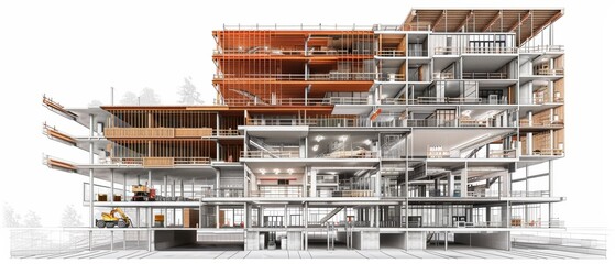 3D rendering of a high-rise building under construction in various parts.