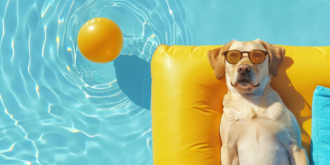 A dog is resting on a yellow float in a pool during summer vacation