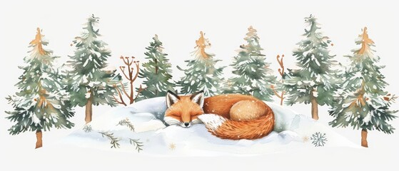 Naklejka premium A cute watercolor of a fox curled up in a snowy den, surrounded by pine trees covered in snow, Clipart isolated on white