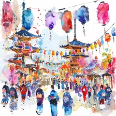 Naklejka premium Watercolor painting of a lively Japanese festival with colorful floats, dancers in traditional costumes, and paper lanterns, Generative AI 