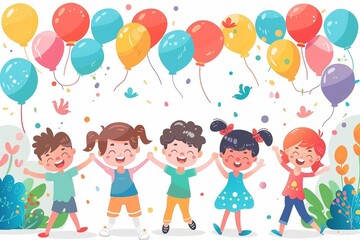Fototapeta premium Happy children's day with toys background poster with happy kids vector illustration.
