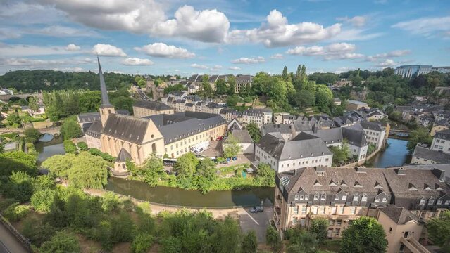 Grand Duchy of Luxembourg time lapse city skyline at Grund along Alzette river in the historical old town