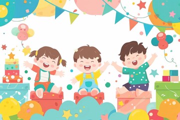 Happy children's day with toys background poster with happy kids vector illustration.