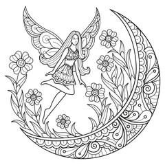 Flower moon and fairy hand drawn for adult coloring book