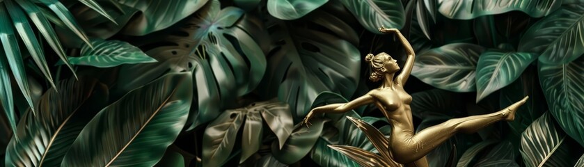 A golden figure of a dancer gracefully poses amid a backdrop of lush, tropical plants, blending luxury with the raw beauty of nature