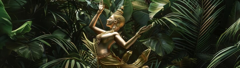 A golden figure of a dancer gracefully poses amid a backdrop of lush, tropical plants, blending...