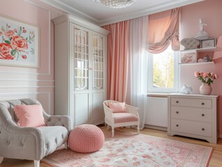 White armchair and ottoman sit next to window covered with pink curtains.