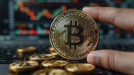 Hand Holding Bitcoin Over Keyboard