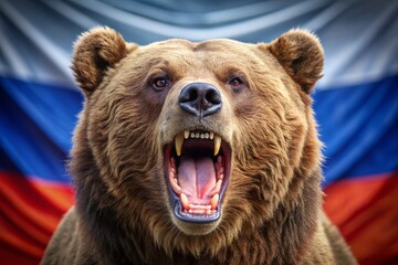 The state symbol of Russia. An angry, growling Bear on the background of the Russian flag. Tricolour. Don't wake up the Russian bear.