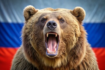 The state symbol of Russia. An angry, growling Bear on the background of the Russian flag. Tricolour. Don't wake up the Russian bear.