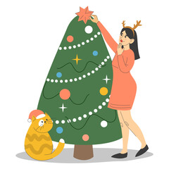 Woman decorating Christmas tree vector isolated. Illustration of a female character with cat pet at the green tree. Funny and cute orange cat in Santa Claus hat. Christmas and New Year celebration.