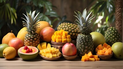 An assortment of tropical fruits, such as pineapple, mango, and papaya. --ar 3:2 --v 4 