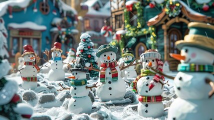 Holiday Village Snowman Contest: villagers sculpting snowmen of all shapes and sizes in a friendly competition in the town square.