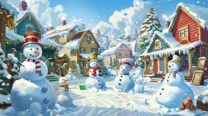 Holiday Village Snowman Contest: villagers sculpting snowmen of all shapes and sizes in a friendly...