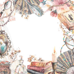 Square rrame vintage books, flowers and beauty items. Watercolor hand drown illustration