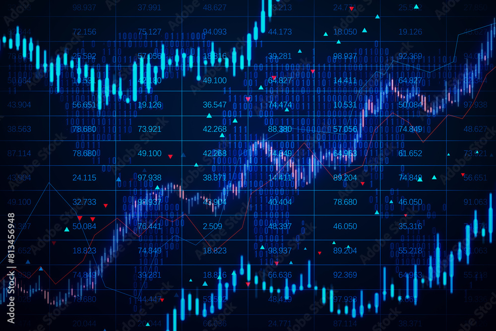 Poster Creative candlestick forex chart with index on dark background. Trade, finance and stock exchange concept. 3D Rendering.