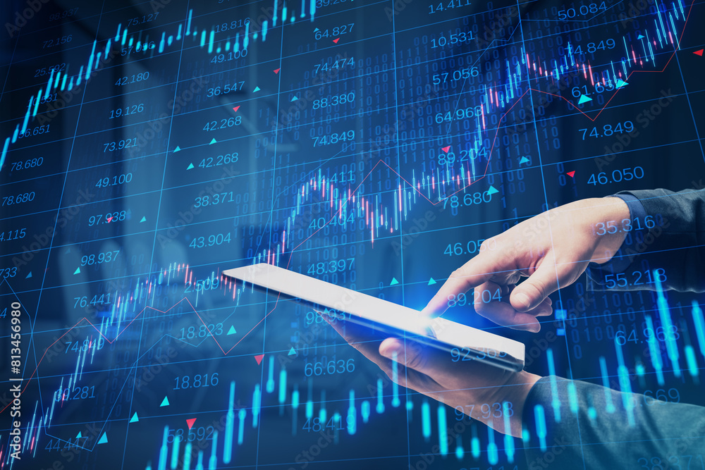 Poster close up of male hands using smartphone with creative candlestick forex chart with index on blurry o