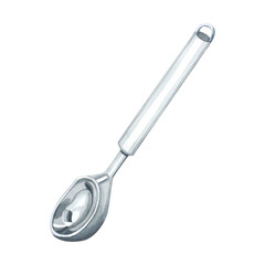 Ice cream scoop spoon made of stainless steel metal isolated on white background for serving dessert. Realistic drawing