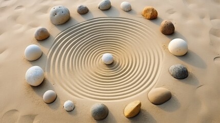Tranquil zen rock garden, aerial view of circular patterns in white sand for peaceful contemplation