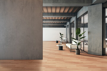 Modern office corridor interior with mock up place on wall, wooden flooring, glass partitions and...