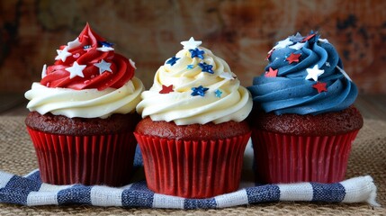 Patriotic red, white, and blue cupcakes for 4th of july national day celebration