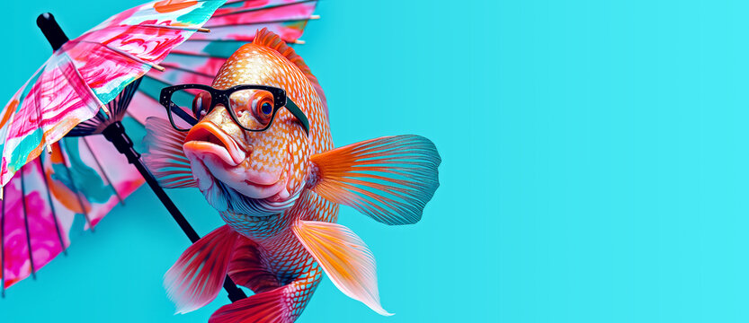Creative image of tropical fish with umbrella and spectacles on blue background