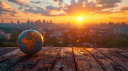 Globe at Sunset Cityscape Background