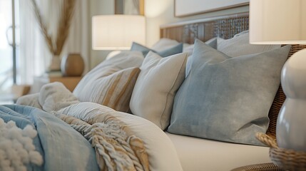 coastal-inspired bedroom decor, featuring a soft color palette of blues and whites, nautical accents, and natural textures like rattan and driftwood, evoking a serene 