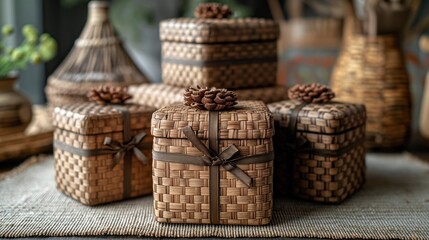 Handcrafted Wicker Baskets with Pine Cones