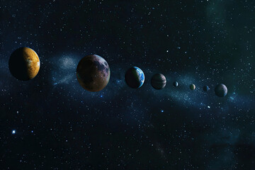 Generative ai on theme of parade of planets in solar system, bright stars glow in atmosphere
