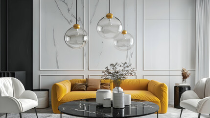 A modern living room with an elegant black marble table, white chairs and yellow sofa, featuring...