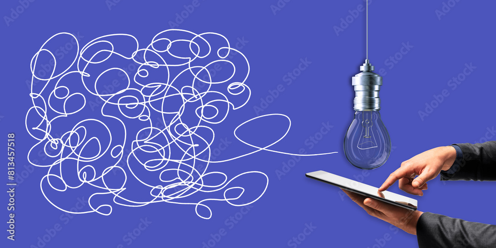 Poster close up of male hands holding and using mobile phone with creative light bulb sketch with mesh on b