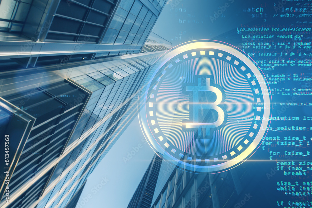 Aufkleber Creative glowing digital bitcoin on blurry toned city background with binary coding. Virtual cryptocurrency and futuristic banking concept. Double exposure.