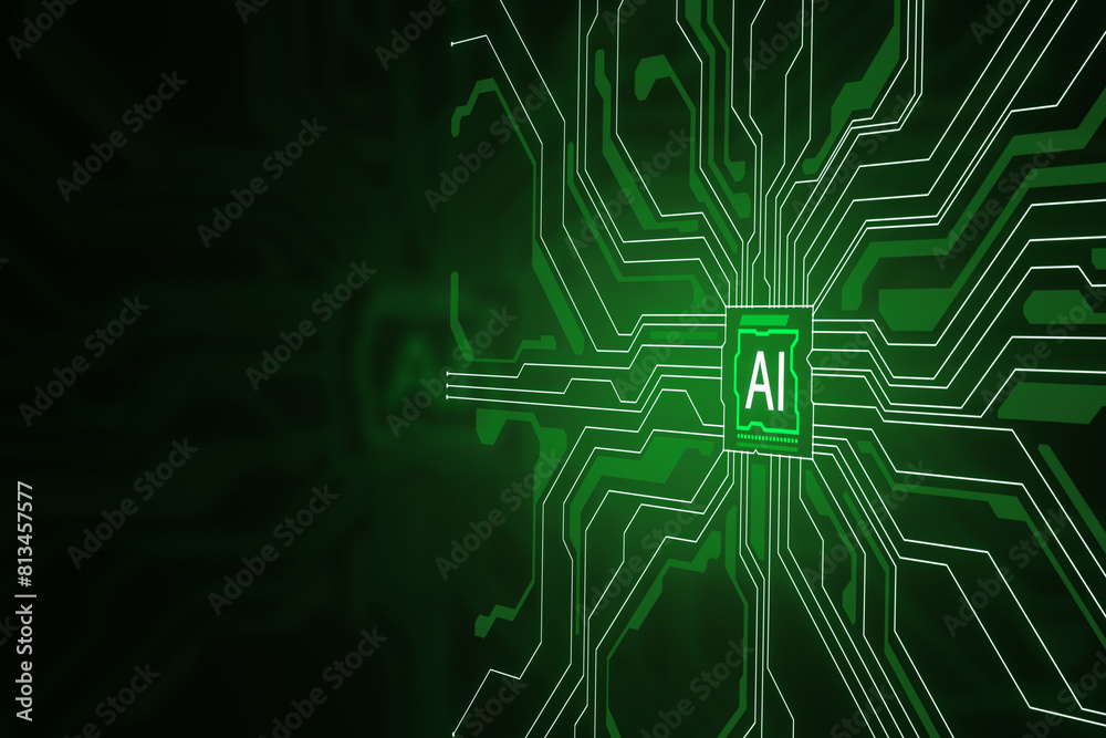 Poster Creative AI circuit hologram on dark backdrop with mock up place. Artificial intelligence and innovate concept. 3D Rendering.