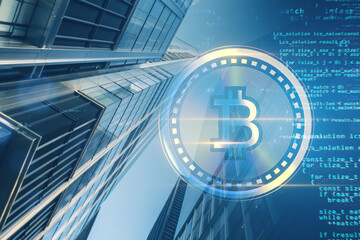 Creative glowing digital bitcoin on blurry toned city background with binary coding. Virtual cryptocurrency and futuristic banking concept. Double exposure.