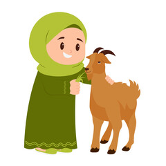 Girl Celebrate Eid Al-Adha With Goat Illustration
