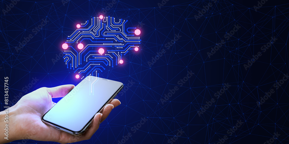 Poster Close up of female hand holding creative circuit brain with dots on dark background with mock up place. Artificial intelligence and machine learning concept.