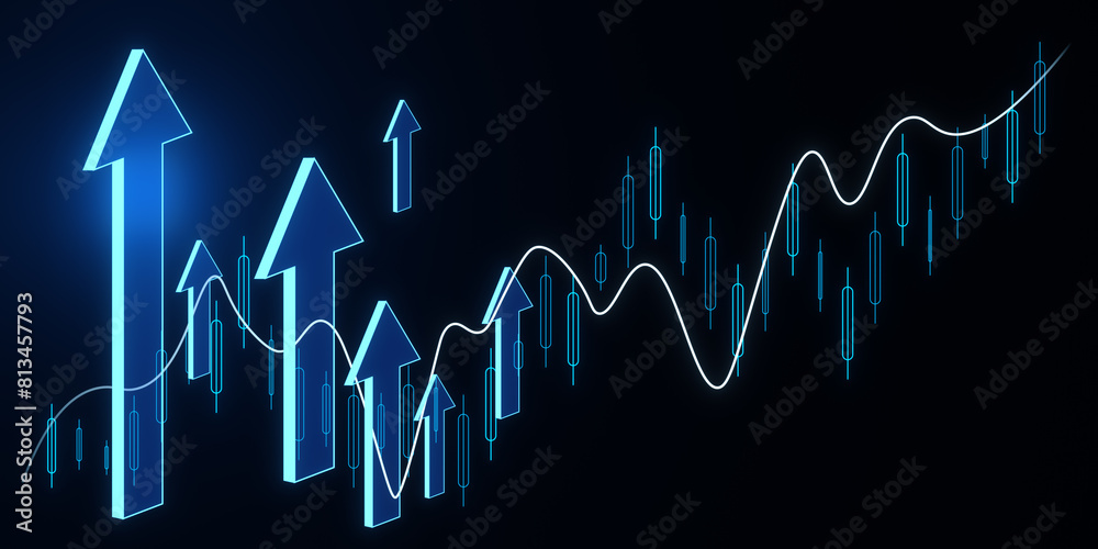 Poster creative glowing growing forex chart with arrows on dark backdrop. financial growth and stock concep