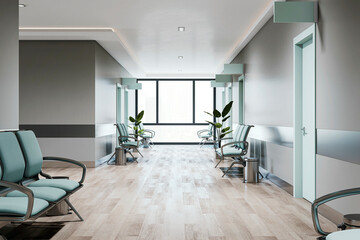 Modern healthcare corridor featuring geometric designs and soft blue chairs for patient comfort and...