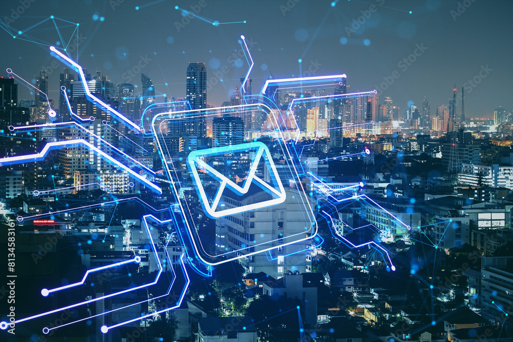 Poster creative square circuit button hologram with email icon on blurry night city backdrop. technology an