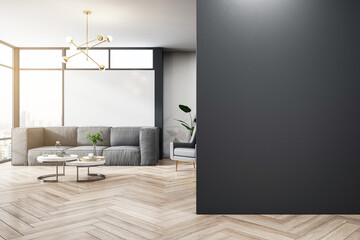 Stylish living room interior with gray textured sofa, gold light fixtures, and a sweeping view of the city through ceiling to floor windows. 3D Rendering