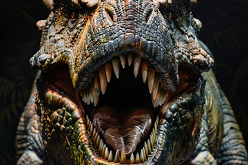 Obraz premium Generative ai on theme of big scary hungry dinosaur with kind eyes and sharp teeth destroying park