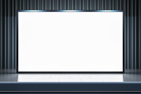Sleek presentation stage with widescreen display against curtains. 3D Rendering