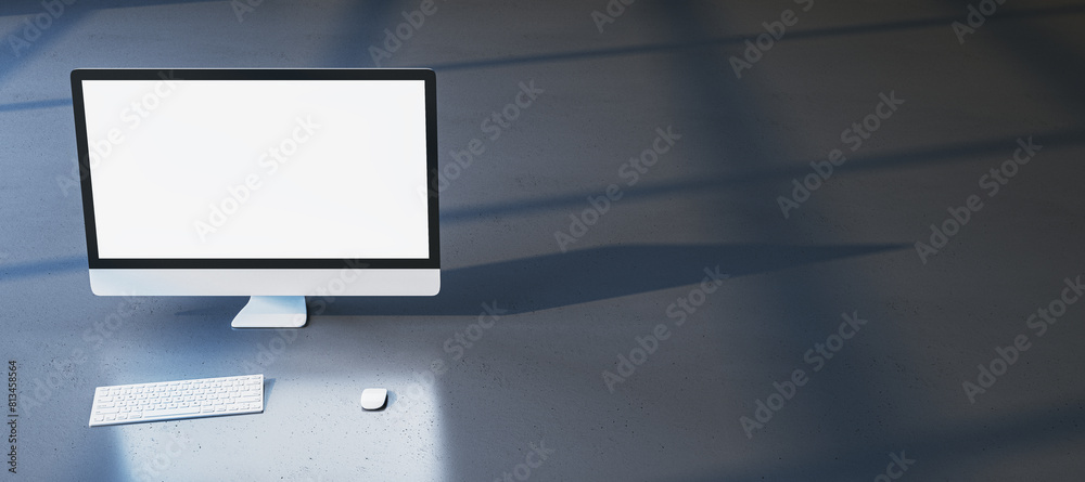 Poster Close up of empty white mock up computer monitor on wide gray background. Minimalistic designer desktop concept. 3D Rendering.