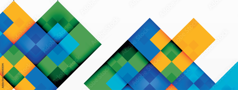 Poster an artistic composition featuring a row of azure, electric blue, and yellow rectangles on a white ba