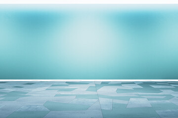 Empty blue gallery wall with mock up place. Museum concept. 3D Rendering.