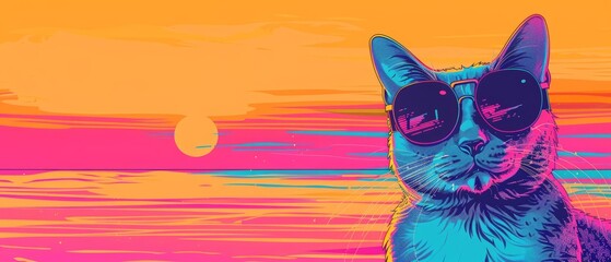 Futuristic illustration Pop art color of a cat wearing sunglasses at the beach, painted in solid color and fashioned as a kawaii template sharpen with copy space