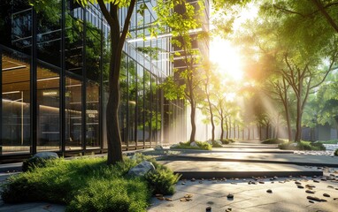 Fresh green garden with many trees and concrete path in the office area in the morning light. Eco office area