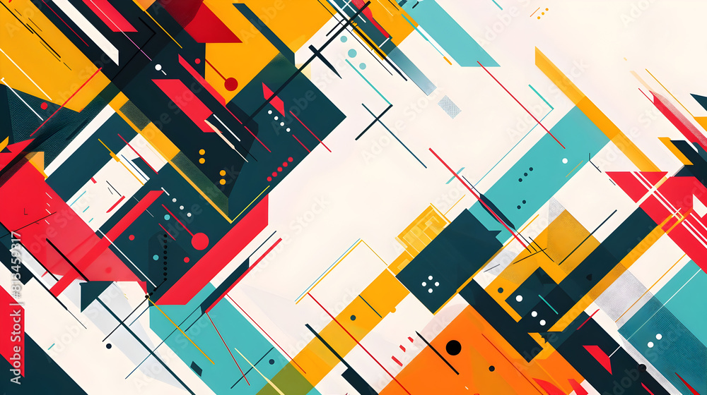 Aufkleber Mesmerizing Geometric Abstract Shapes on White Background with Overlapping Faceted Patterns and Vibrant High Contrast Colors
